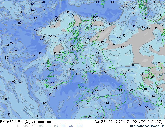 RH 925 hPa Arpege-eu Su 22.09.2024 21 UTC