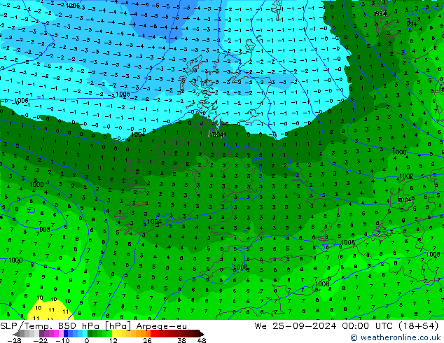 SLP/Temp. 850 hPa Arpege-eu  25.09.2024 00 UTC