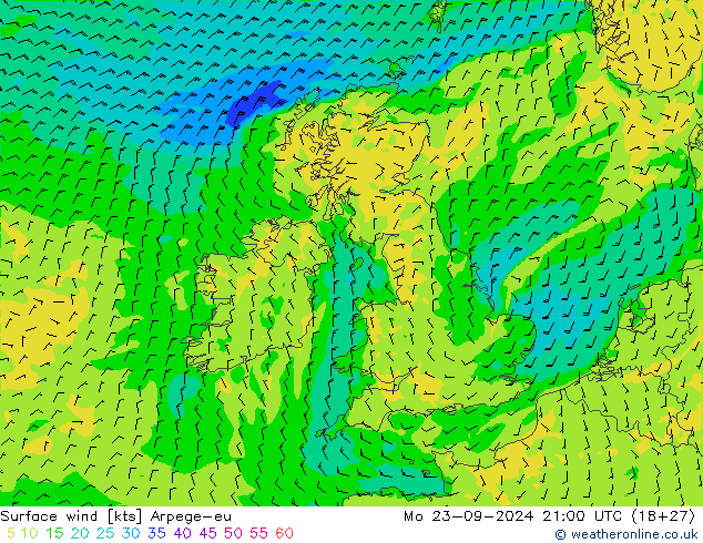 Vent 10 m Arpege-eu lun 23.09.2024 21 UTC