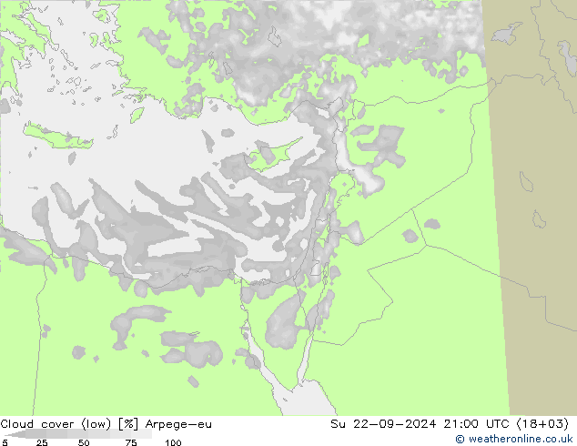 Cloud cover (low) Arpege-eu Su 22.09.2024 21 UTC