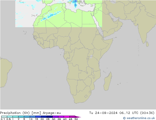 Precipitation (6h) Arpege-eu Tu 24.09.2024 12 UTC