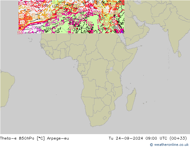 Theta-e 850hPa Arpege-eu mar 24.09.2024 09 UTC