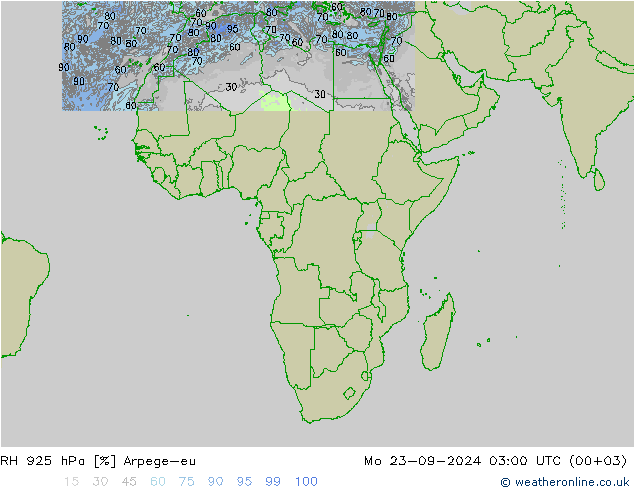 Humidité rel. 925 hPa Arpege-eu lun 23.09.2024 03 UTC