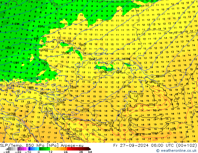 SLP/Temp. 850 hPa Arpege-eu pt. 27.09.2024 06 UTC