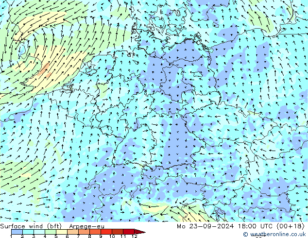 Surface wind (bft) Arpege-eu Mo 23.09.2024 18 UTC