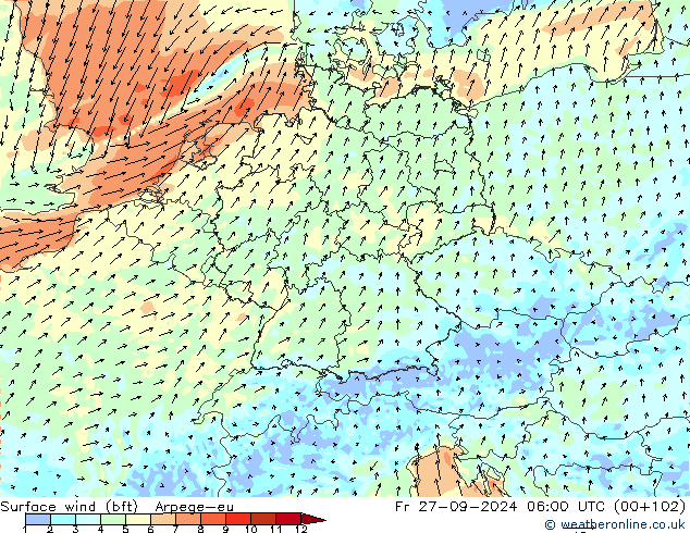 Surface wind (bft) Arpege-eu Fr 27.09.2024 06 UTC