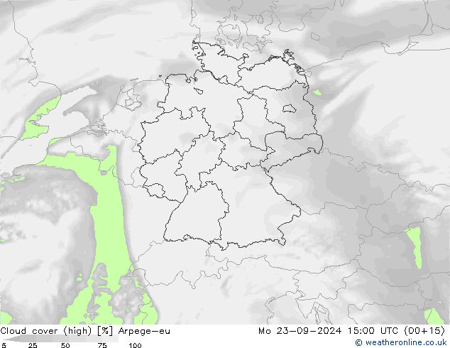 Cloud cover (high) Arpege-eu Mo 23.09.2024 15 UTC