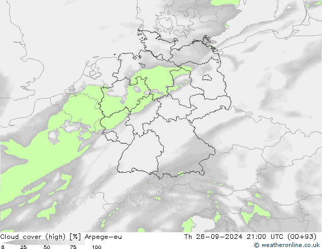 Cloud cover (high) Arpege-eu Th 26.09.2024 21 UTC