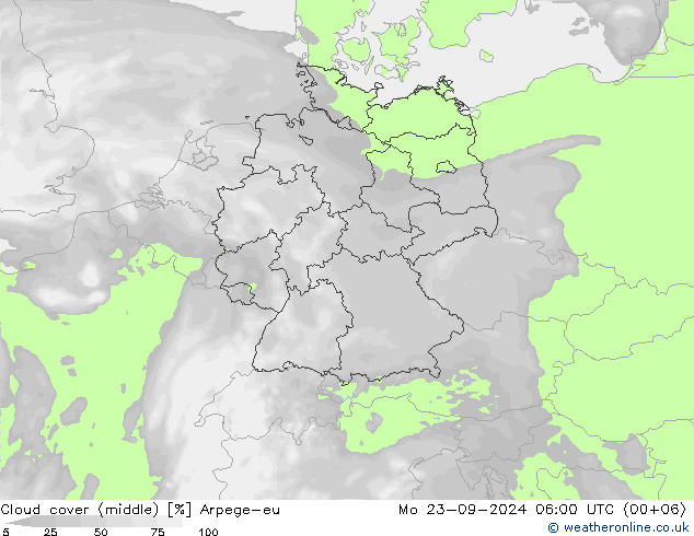 Cloud cover (middle) Arpege-eu Mo 23.09.2024 06 UTC