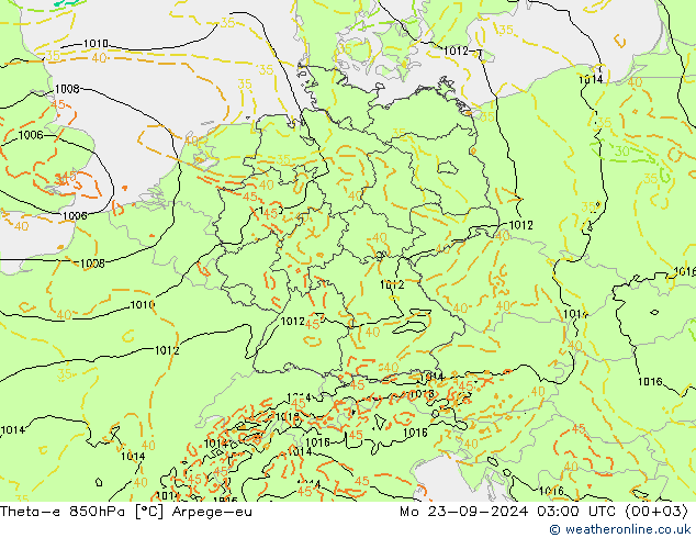 Theta-e 850hPa Arpege-eu Mo 23.09.2024 03 UTC