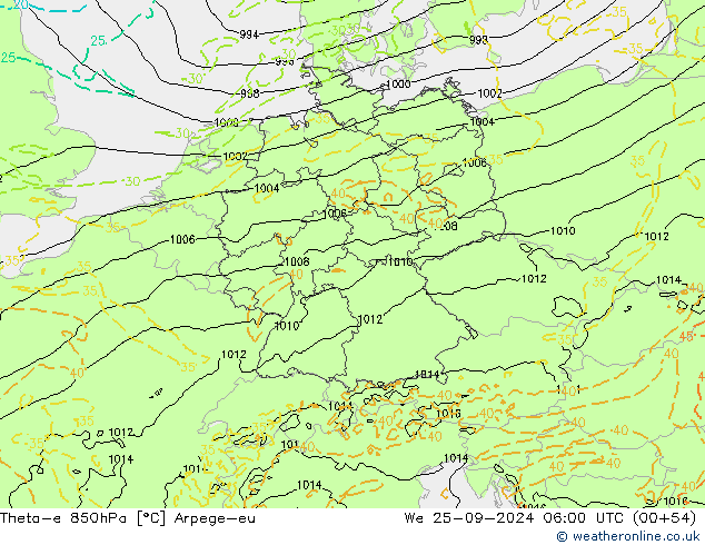 Theta-e 850hPa Arpege-eu We 25.09.2024 06 UTC