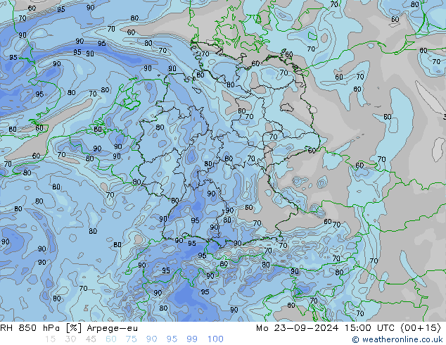 Humedad rel. 850hPa Arpege-eu lun 23.09.2024 15 UTC