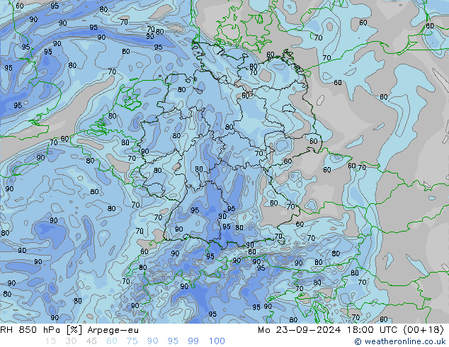 RH 850 hPa Arpege-eu Mo 23.09.2024 18 UTC