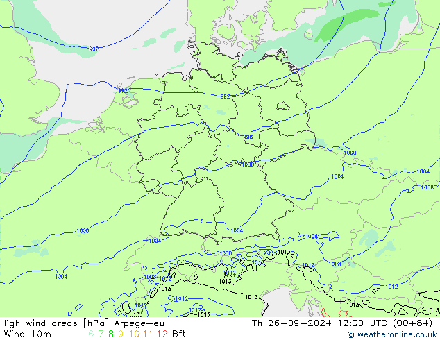 High wind areas Arpege-eu gio 26.09.2024 12 UTC