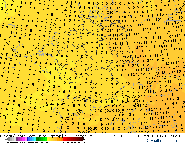 Géop./Temp. 850 hPa Arpege-eu mar 24.09.2024 06 UTC