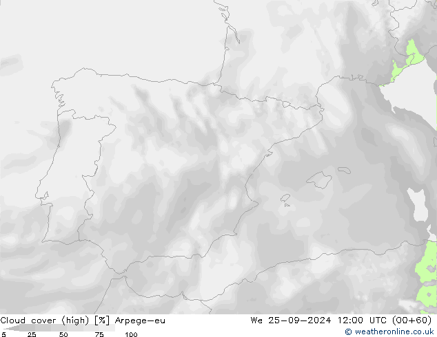 Cloud cover (high) Arpege-eu We 25.09.2024 12 UTC