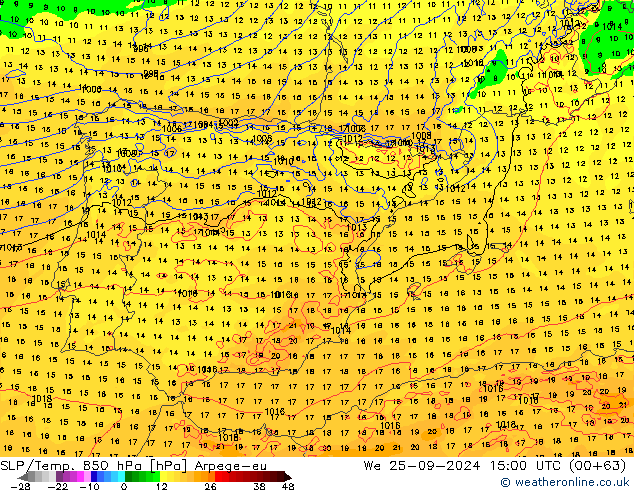 850 hPa Yer Bas./Sıc Arpege-eu Çar 25.09.2024 15 UTC