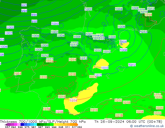 Thck 700-1000 hPa Arpege-eu Qui 26.09.2024 06 UTC