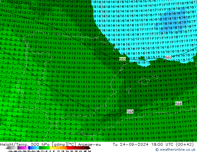 Height/Temp. 500 hPa Arpege-eu wto. 24.09.2024 18 UTC