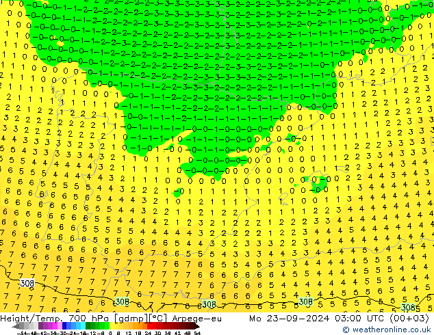 Height/Temp. 700 hPa Arpege-eu Mo 23.09.2024 03 UTC