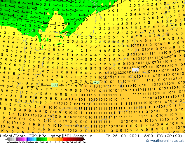 Height/Temp. 700 гПа Arpege-eu чт 26.09.2024 18 UTC