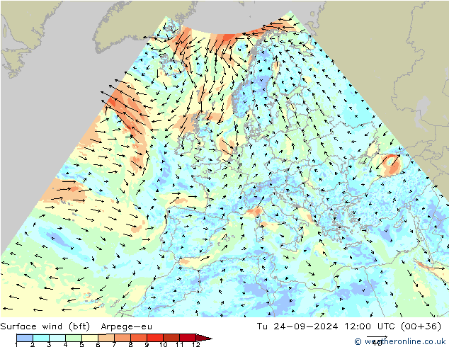 Surface wind (bft) Arpege-eu Tu 24.09.2024 12 UTC