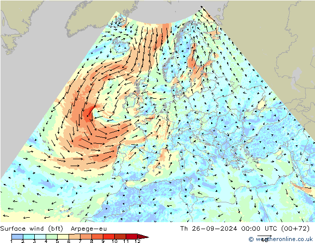 Bodenwind (bft) Arpege-eu Do 26.09.2024 00 UTC