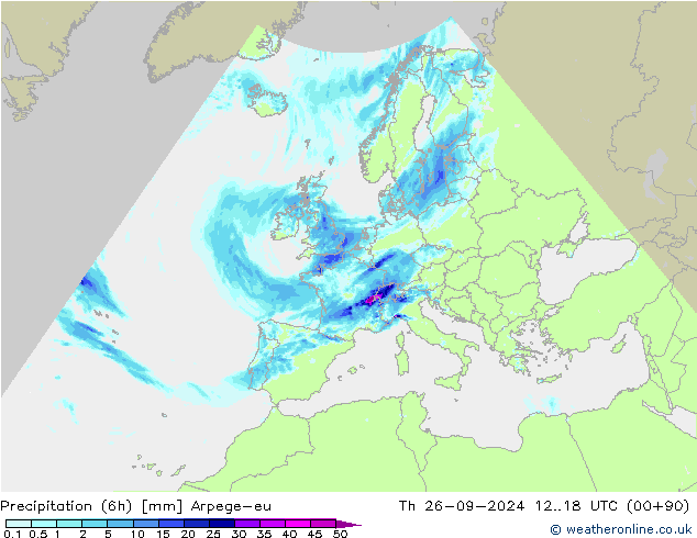 Précipitation (6h) Arpege-eu jeu 26.09.2024 18 UTC