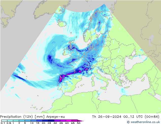 Precipitation (12h) Arpege-eu Th 26.09.2024 12 UTC