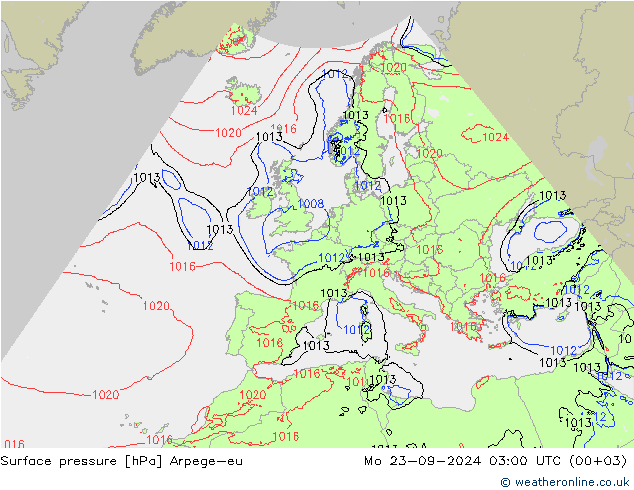 Pressione al suolo Arpege-eu lun 23.09.2024 03 UTC