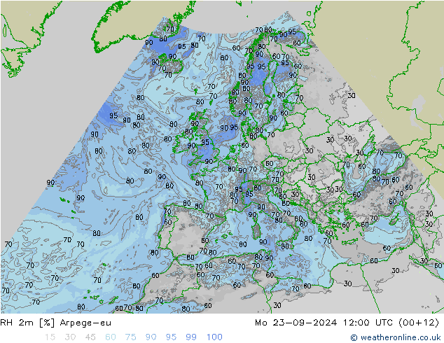 RH 2m Arpege-eu Mo 23.09.2024 12 UTC