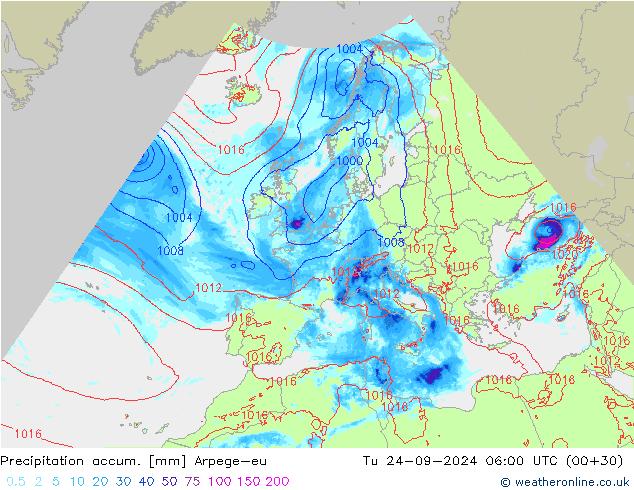 Precipitation accum. Arpege-eu Tu 24.09.2024 06 UTC