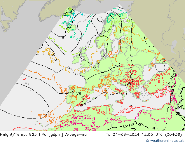 Height/Temp. 925 hPa Arpege-eu Tu 24.09.2024 12 UTC