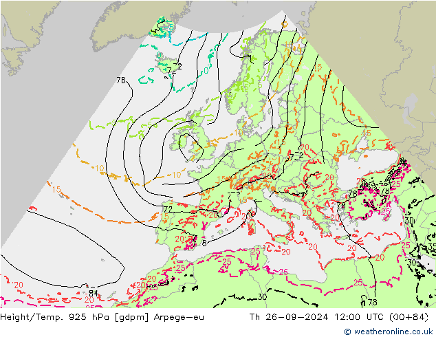 Height/Temp. 925 hPa Arpege-eu Qui 26.09.2024 12 UTC