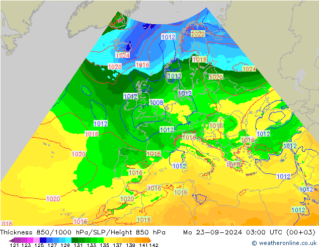 Espesor 850-1000 hPa Arpege-eu lun 23.09.2024 03 UTC