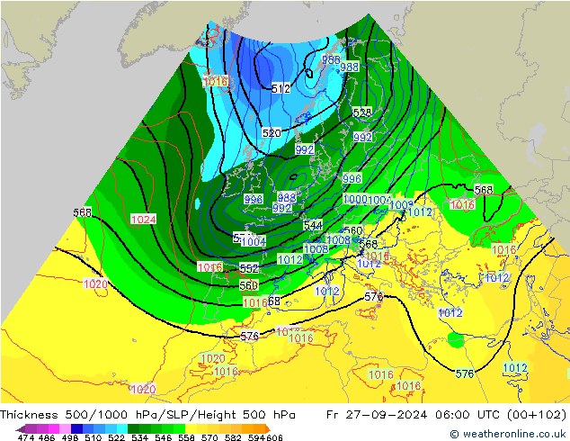 Espesor 500-1000 hPa Arpege-eu vie 27.09.2024 06 UTC