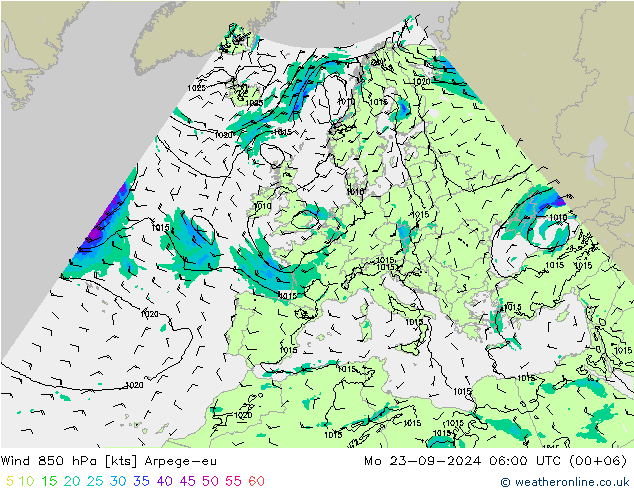 Wind 850 hPa Arpege-eu Mo 23.09.2024 06 UTC