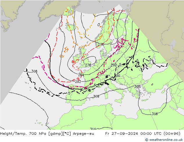 Hoogte/Temp. 700 hPa Arpege-eu vr 27.09.2024 00 UTC