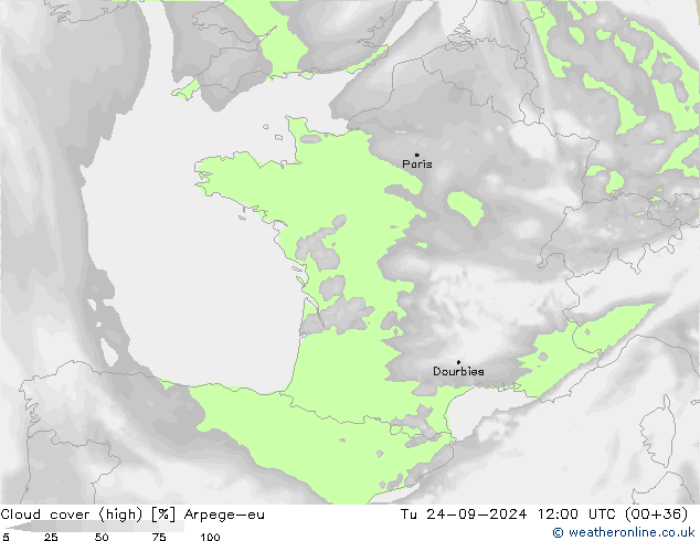 Cloud cover (high) Arpege-eu Tu 24.09.2024 12 UTC