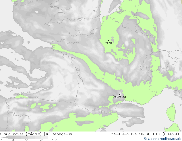 Cloud cover (middle) Arpege-eu Tu 24.09.2024 00 UTC