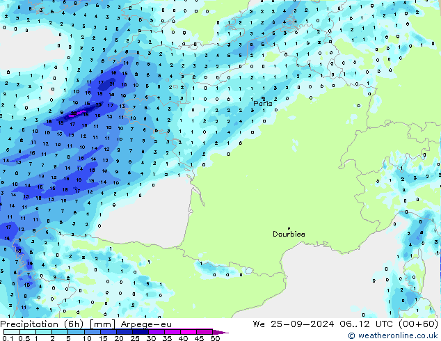 Precipitation (6h) Arpege-eu We 25.09.2024 12 UTC