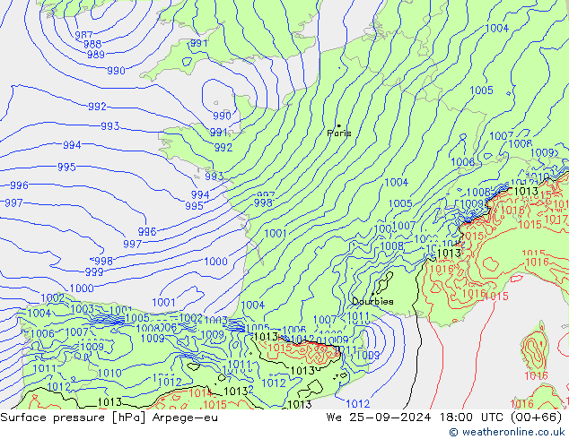 Pressione al suolo Arpege-eu mer 25.09.2024 18 UTC