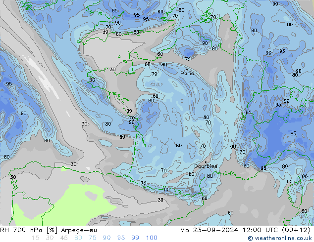 RH 700 hPa Arpege-eu Mo 23.09.2024 12 UTC