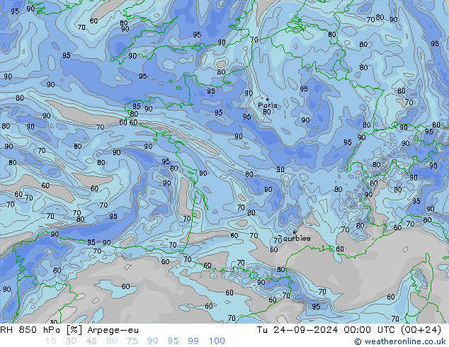 RH 850 hPa Arpege-eu Tu 24.09.2024 00 UTC