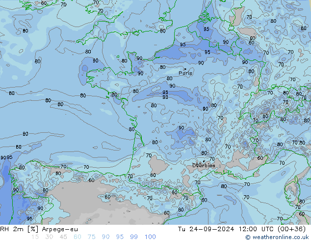 RH 2m Arpege-eu Tu 24.09.2024 12 UTC