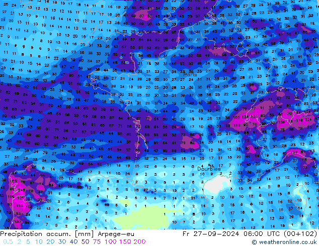 Precipitation accum. Arpege-eu Fr 27.09.2024 06 UTC