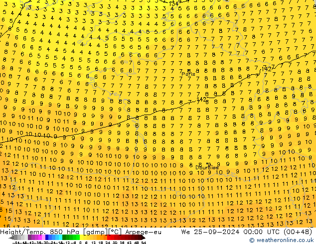 Height/Temp. 850 hPa Arpege-eu śro. 25.09.2024 00 UTC