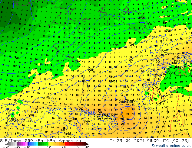 SLP/Temp. 850 hPa Arpege-eu Th 26.09.2024 06 UTC