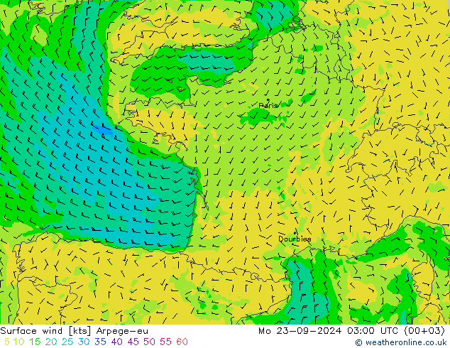 Vent 10 m Arpege-eu lun 23.09.2024 03 UTC