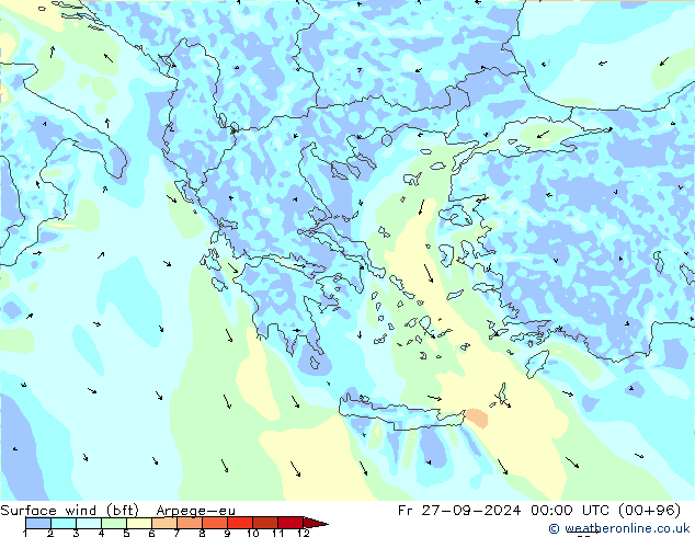 Surface wind (bft) Arpege-eu Fr 27.09.2024 00 UTC